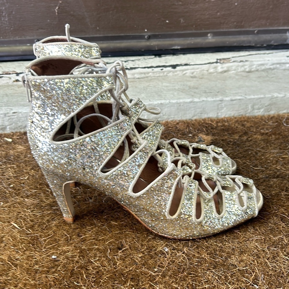Jeffery Campbell for Free People Gold Sequin Lace Up Heels Gold Glitter Sz 9.5 - Picture 5 of 15